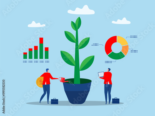 Businessman investor or financial planner standing on ladder to arrange pie chart arrangement shows a rising and rising trend, rebalancing a portfolio to optimize risk and return