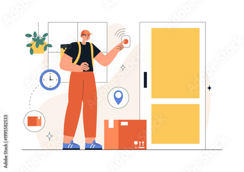 Courier or Delivery Service Illustration Featuring Parcel Shipping, Home Delivery, Tracking Mobile App, Logistics, Fast Service, Modern Flat Design