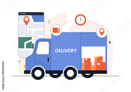Courier or Delivery Service Illustration Featuring Parcel Shipping, Home Delivery, Tracking Mobile App, Logistics, Fast Service, Modern Flat Design