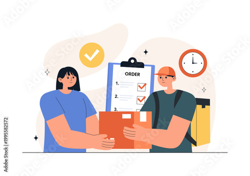 Courier or Delivery Service Illustration Featuring Parcel Shipping, Home Delivery, Tracking Mobile App, Logistics, Fast Service, Modern Flat Design