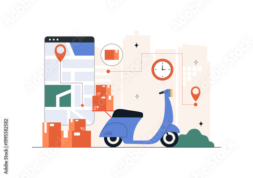 Courier or Delivery Service Illustration Featuring Parcel Shipping, Home Delivery, Tracking Mobile App, Logistics, Fast Service, Modern Flat Design