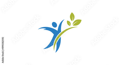A vibrant logo featuring a stylized human figure with uplifted arms and flourishing green leaves