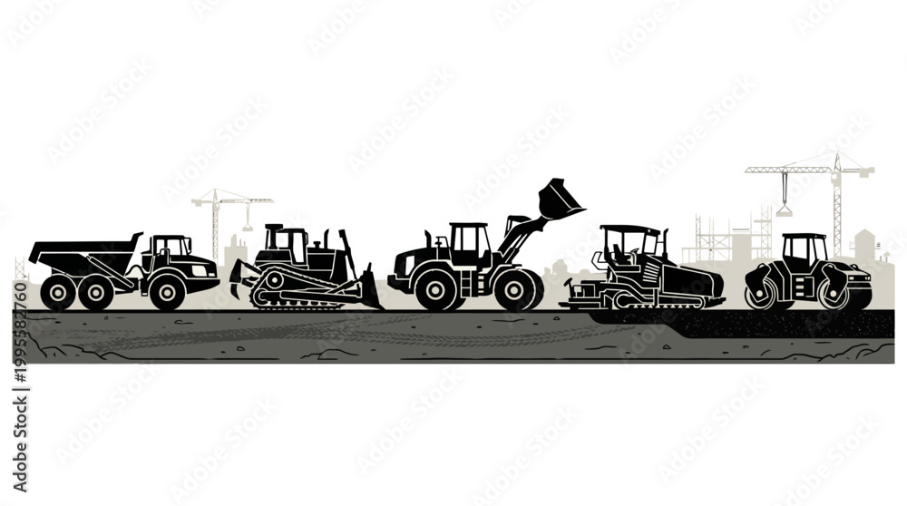 Fototapeta premium Row of Construction Machinery and Heavy Equipment Silhouettes on a White Background.