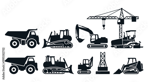 Group of Construction Machinery Silhouettes Including Cranes Excavators Bulldozers and Trucks at a Job Site.