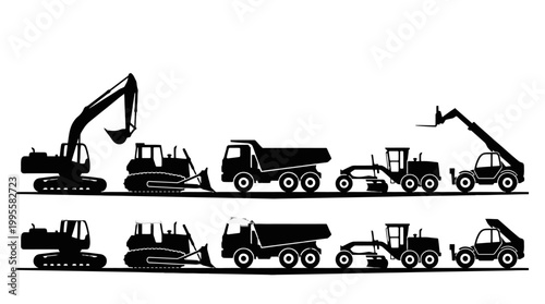 Billede på lærred Silhouettes of heavy construction equipment and transport vehicles in a neat lineup