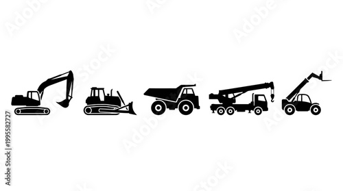 Lineup of Construction Machinery Silhouettes Demonstrating Industrial Vehicle Diversity.