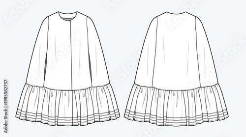 Tableau sur toile Cape sleeve dress front and back view mockup template vector design technical illustration