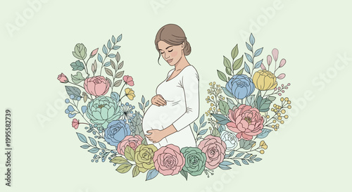 A tender illustration of a serene pregnant woman lovingly cradling her belly, adorned with a beautiful blooming floral wreath, symbolizing the journey of motherhood and new life