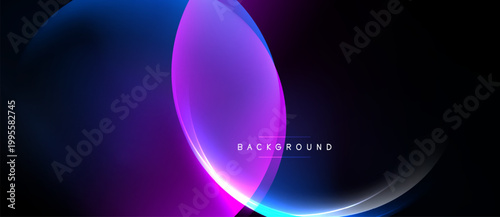 Abstract design features overlapping glowing shapes. Vivid purple, blue hues dominate dark background. Minimalist text reads background.