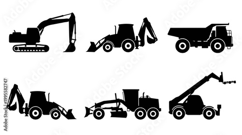 Collection of silhouette heavy construction machines including excavator bulldozer loader backhoe dumptruck in industrial scene.