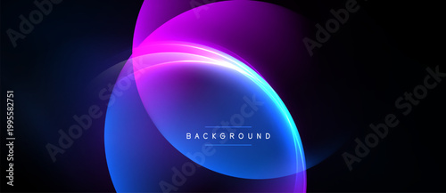 Abstract design features overlapping luminous circles. Gradient colors blend from blue to purple. Minimalist style, dark background.