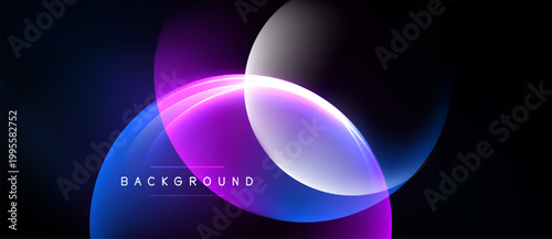 Abstract design features overlapping glowing circles. Purple, blue hues dominate dark background. Text reads background. Modern, dynamic composition.