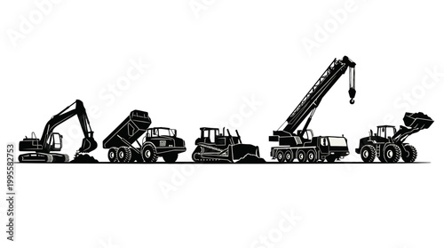 Lineup of heavy construction machinery and earthmoving equipment at a worksite.