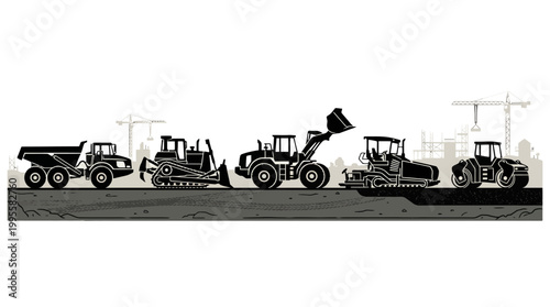 Row of Construction Machinery and Heavy Equipment Silhouettes on a White Background.