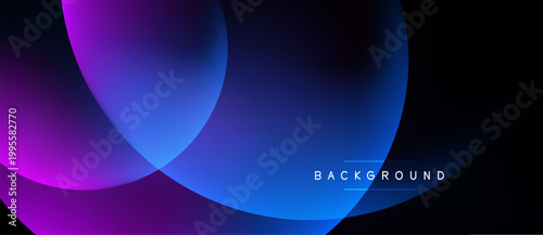 Abstract design features overlapping circles. Vibrant purple, blue hues create dynamic gradient effect on black backdrop. Minimalist style.