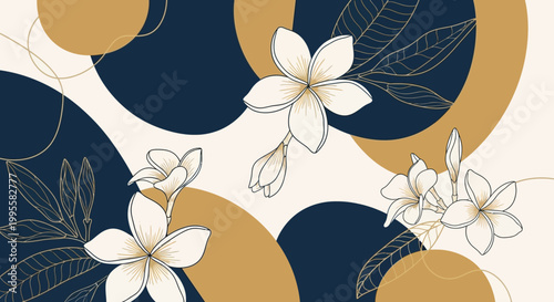 Vibrant floral pattern with white flowers and gold leaves on a navy blue background