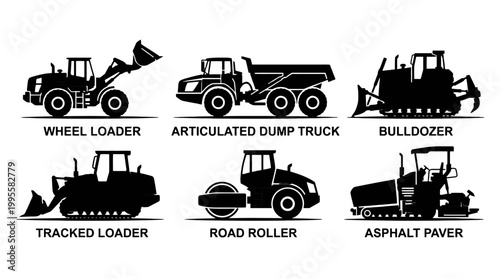 Collection of Construction Vehicles: Wheel Loader, Bulldozer, Articulated Dump Truck, Road Roller and Asphalt Paver.