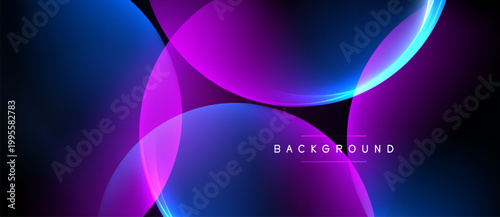 Abstract design features overlapping vibrant circles. Blue, purple hues dominate dark background. Modern aesthetic, simple text label present.