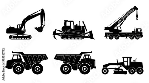 Collection of heavy construction machinery silhouettes including excavator, bulldozer, crane, loader, and dump trucks in a diverse lineup.