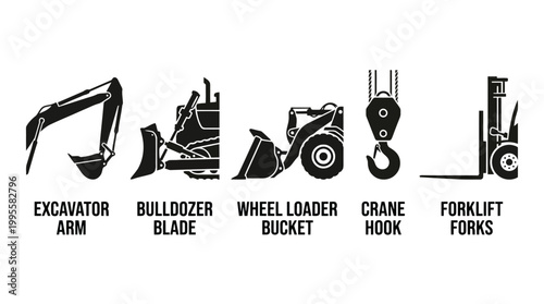 Silhouettes of construction machinery including excavator, bulldozer, loader, crane, and forklift icons.