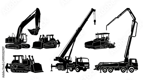 Silhouettes of heavy construction machinery in operation showing earthmoving, lifting and transport equipment at a worksite.