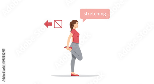 A woman in activewear demonstrates a hamstring stretch with a visual cue indicating proper form
