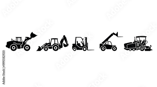 Row of heavy construction machinery silhouettes on a site.