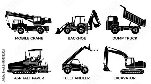 Set of heavy construction machinery silhouettes including crane, backhoe, dump truck, asphalt paver, telehandler, and excavator.