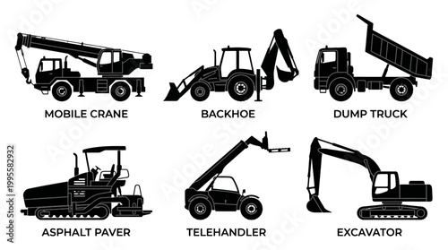 Collection of Construction Machinery and Heavy Equipment Vehicles on Site for Earthmoving Projects.