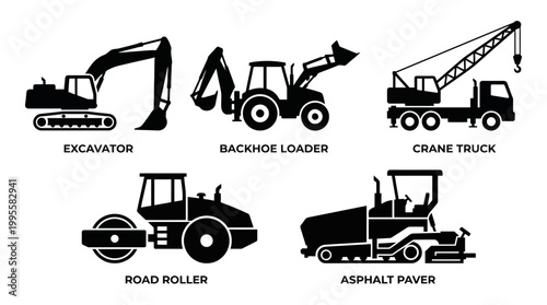 Collection of Construction Machinery Silhouettes Including Excavator, Loader, Crane, and Paver Vehicles.