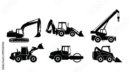 Collection of construction and heavy machinery silhouettes in black for industrial themes.