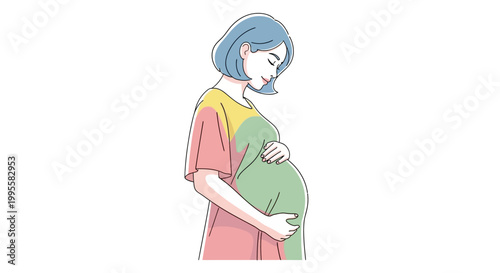 Serene pregnant woman gently holding her baby bump, embodying the joyful anticipation and tenderness of new motherhood and family life ahead