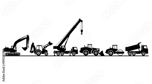 Lineup of Construction Machinery and Heavy Equipment on a Worksite.