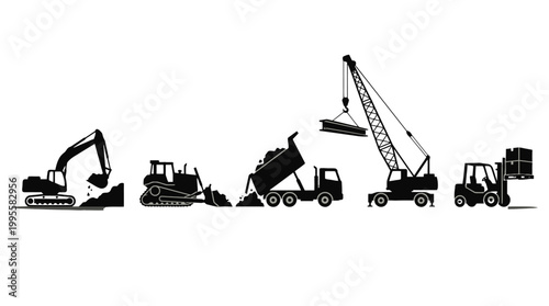 Silhouettes of Construction Machinery in a Row at an Industrial Work Site.