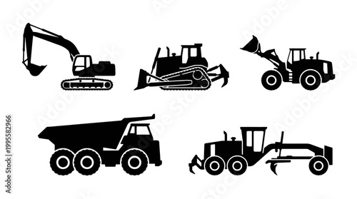 Collection of Construction Machinery Silhouettes Featuring Excavators, Bulldozers, Loaders, Tractors and More.