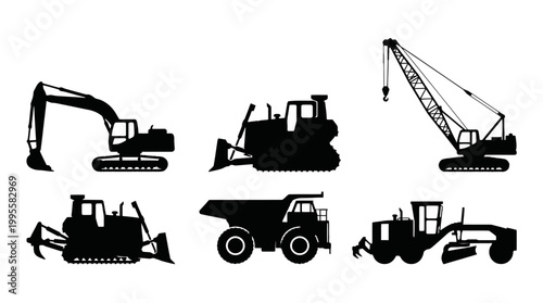 Group of heavy construction machines silhouetted in a worksite setting and industrial scene.