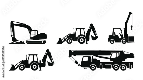 Collection of silhouetted construction and earthmoving machines in various poses.