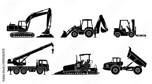 Set of heavy construction machinery and earthmoving equipment.