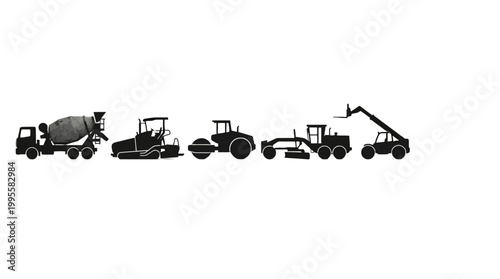 Series of construction machinery silhouettes including mixer truck, bulldozer, tractor, excavator, roller, crane and other heavy vehicles.