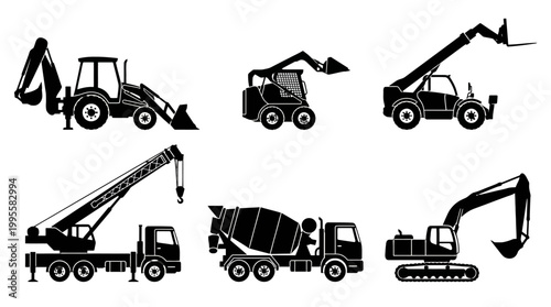 Collection of diverse construction machinery including excavators dump trucks and cranes at a worksite.