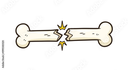 A cartoon illustration depicts a fractured bone with visible cracks and yellow starbursts indicating impact