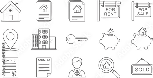 Real estate line icons set, 15 property market vector symbols, mortgage and home rental outline elements, residential business graphics
