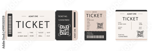 Event ticket template in a minimalist style with a QR code and barcode. Horizontal vector set of layouts for a concert, movie, or festival. Includes fields for date, time, and location.
