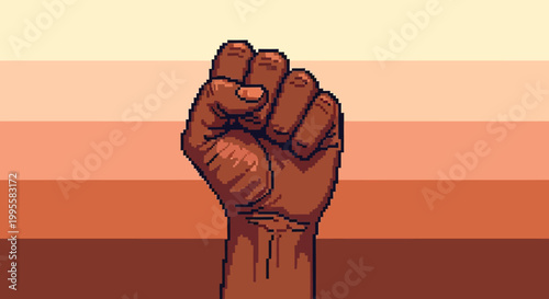 A pixelated raised fist illustration symbolizes strength solidarity and resistance against oppression and inequality