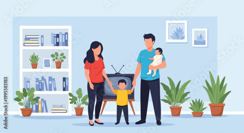 A happy family of four stands in their living room enjoying time together near the television