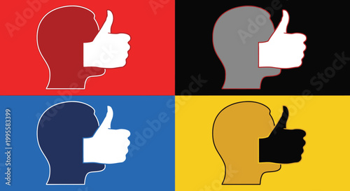 A vibrant pop art style image featuring four heads giving a thumbs up sign each in a different color