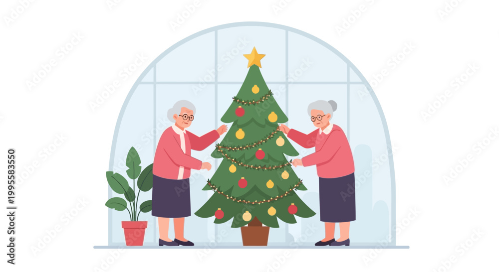 Fototapeta premium Elderly women decorating Christmas tree, celebrating winter holidays together