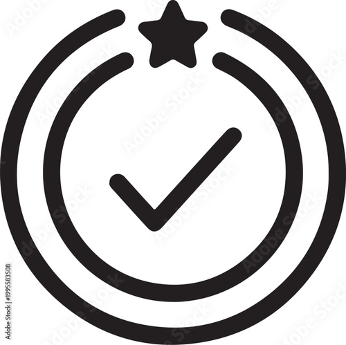A minimalist black and white vector icon featuring a checkmark inside concentric circles, topped with a star, symbolizing authenticity or quality.