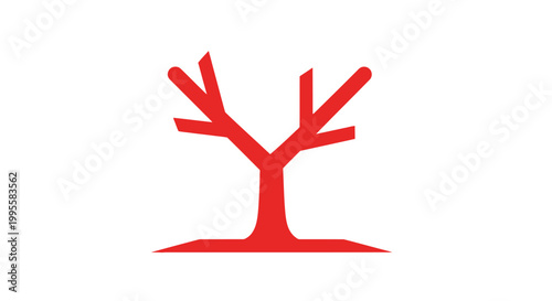 A striking red graphic depicts a simplified tree form showcasing bare branches against a white background