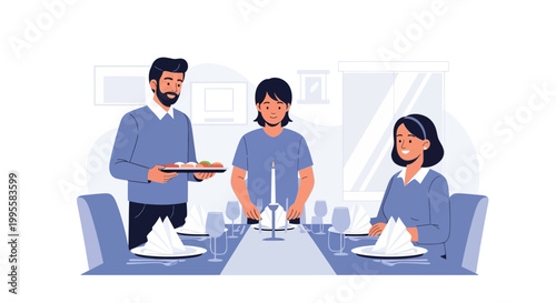 Family Dinner Gathering: Parents and Child Enjoying a Meal Together at a Table